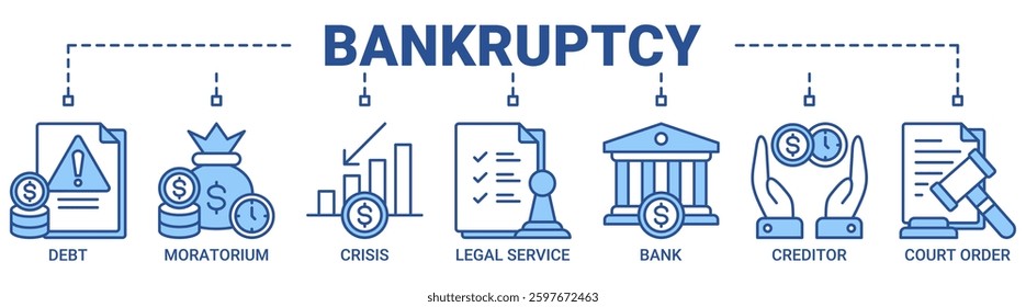 Bankruptcy banner web icon vector illustration concept with icon of crisis, debt, creditor, legal service, moratorium, court order, and bank icons. Outline blue color vector symbol background.