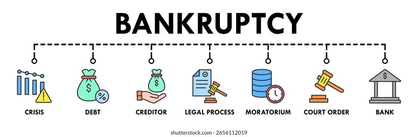 Concepto de Ilustración vectorial de icono de Web de Anuncio de bancarrota con icono de crisis, deuda, acreedor, proceso legal, moratoria, orden judicial y banco