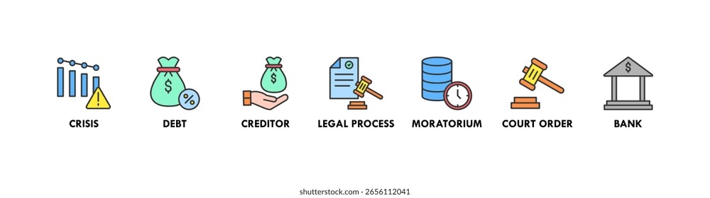 Concepto de Ilustración vectorial de icono de Web de Anuncio de bancarrota con icono de crisis, deuda, acreedor, proceso legal, moratoria, orden judicial y banco