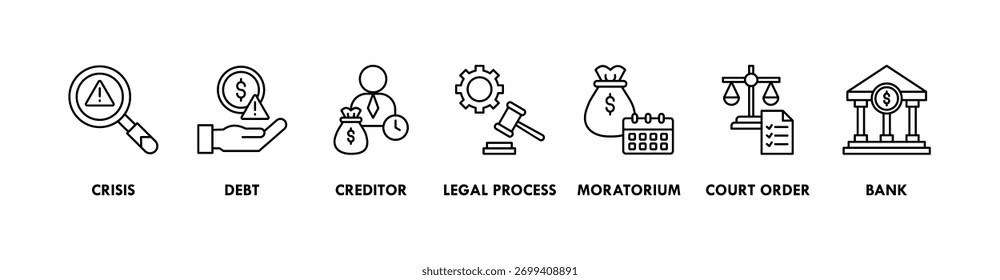 Concepto de Ilustración vectorial de icono de Web de Anuncio de bancarrota con icono de crisis, deuda, acreedor, proceso legal, moratoria, orden judicial y banco