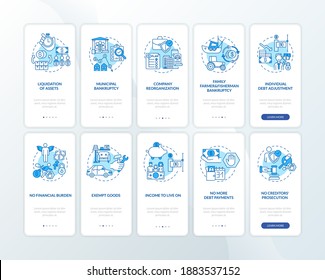 Bankruptcy blue onboarding mobile app page screen with concepts. Debtor income. Financial burden walkthrough 5 steps graphic instructions. UI vector template with RGB color illustrations