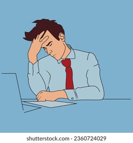 Bankruptcy, burnout, collapse, business concept. Tired frustrated young businessman in psychological stress at the end of the day in the office. Problems, unresolved cases. Brainstorming. 