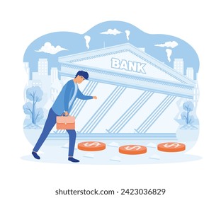 Bankruptcy business concept. Frustrated businessman look at collapsing bank building. flat vector modern illustration 