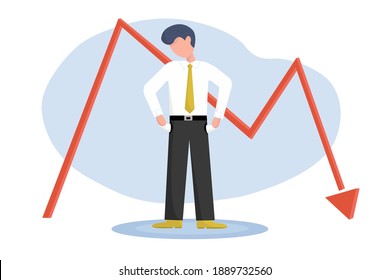 Bankruptcy business concept. The man is upset that his business is going down. Empty pockets. Vector illustration