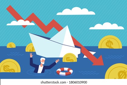 Bankruptcy business. Financial rescue, depressed businessman survive. Economic financial crisis, sinking business, loan payback money problem, people and economy recession falling arrow vector concept