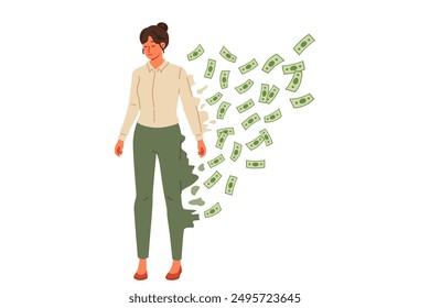 Bankruptcy of business woman falling apart into banknotes is caused by high credit obligations. Upset woman became victim of bankruptcy due to financial crisis and decrease in personal income