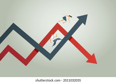 Bankruptcy business woman Fell from the chart down arrow, business man, make profit, arrow pointing up. profit and loss trading concept. illustration vector Eps10 