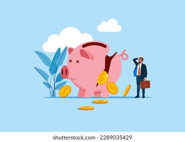 Bankruptcy. Businessman look at collapsing piggy bank with money. Flat vector illustration