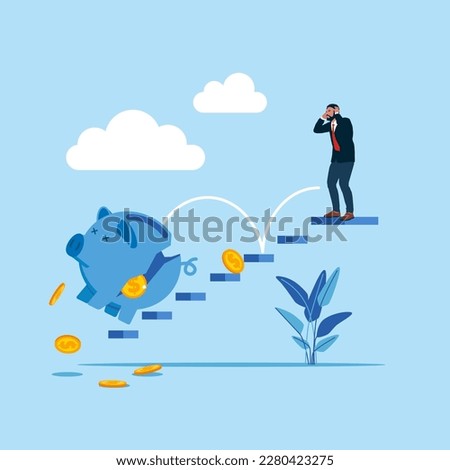 Bankruptcy. Businessman look at collapsing piggy bank with money. Modern vector illustration in flat style