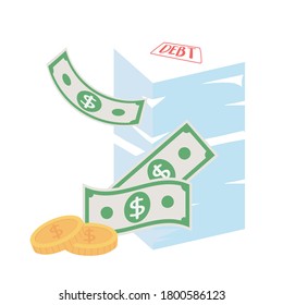 bankruptcy coins banknotes money and debt papers business financial crisis vector illustration