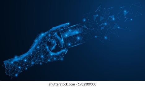 Bankruptcy. The collapse of the payment system. Crumbling Bank card in hand. Money down the drain. Low-poly design. Blue background.