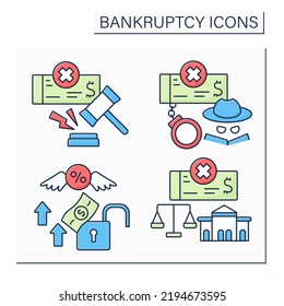 Bankruptcy Color Icons Set. Laws, Fraud, Debt Relief, Court. Economy Collapse Concept. Isolated Vector Illustrations 