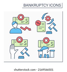 Bankruptcy color icons set. Management,voluntary bankruptcy and procedure. Economy collapse concept. Isolated vector illustrations 