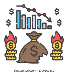 Icono de línea de color de bancarrota. Crisis económica. Los mercados se desploman. Inicia sesión en la página web, aplicación. Elemento de diseño GUI de UI UX. Trazo editable