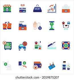 Iconos planos de color de bancarrota, ilustración vectorial
