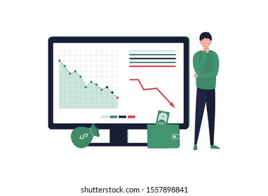 Bankruptcy company concept. The man props his head with his hand, studies the reports on the screen. The financial crisis, credit loss, inefficient startup management. Flat vector illustration.