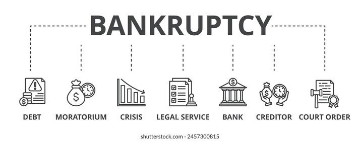 Bankruptcy concept icon illustration contain debt, moratorium, crisis, legal service, bank, creditor and court order.