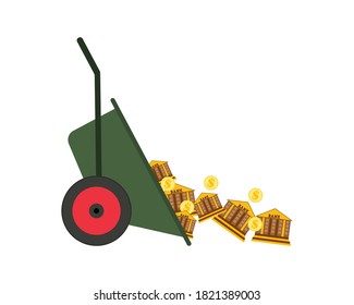 Bankruptcy concept. Many bank buildings and coins are thrown out of the garden wheelbarrow. Vector illustration.