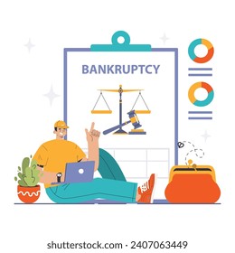 Bankruptcy concept. Relaxed individual with a laptop in front of a BANKRUPTCY clipboard, scales of justice, and financial charts. Flat vector illustration