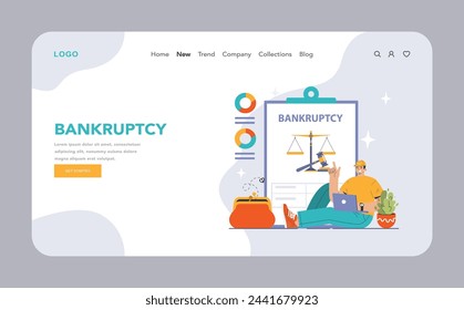 Bankruptcy concept. Relaxed individual with a laptop in front of a BANKRUPTCY clipboard, scales of justice, and financial charts. Flat vector illustration