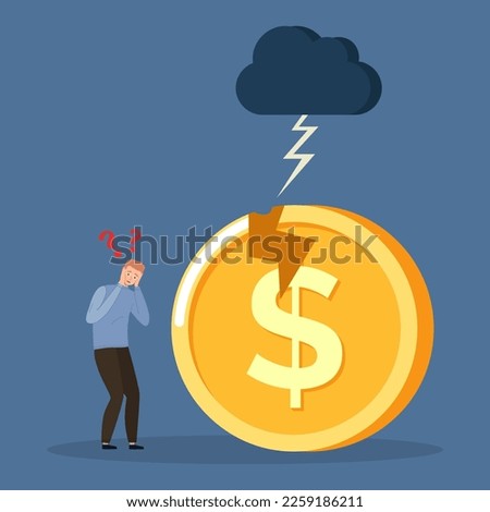 Bankruptcy concept with tiny person and broken dollar sign, company insolvency. Sinking business process in financial crisis. Economical loan payback problem and investment failure and budget collapse