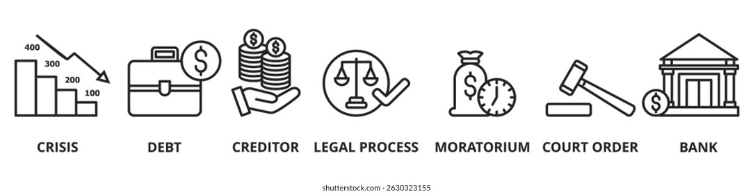 Conceito de falência com ícones vetoriais. A falência é um processo legal através do qual as pessoas ou outras entidades que não podem reembolsar dívidas aos credores podem pedir a redução de algumas ou todas as suas dívidas