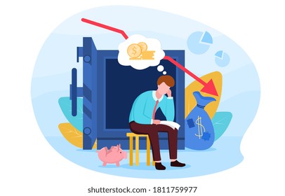 Bankruptcy concept with a young man sitting in front of an empty safe and a broken piggy Bank. Flat vector illustration