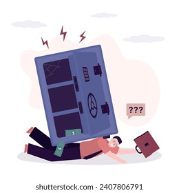 Bankruptcy, depressed businessman under heavy and empty strongbox. Safe box without money, entrepreneur with loans and debt under pressure, complete work deadlines. Bad risk and money management.