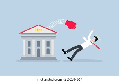 Bankruptcy due to financial crisis, business failure ,or mistake opportunity, unable to survive during economic recession concept. Bank knocking down failed depressed businessman to ground.