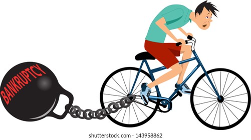 Bankruptcy. Exhausted man riding a bicycle with a huge kettle bell drugging behind it on a chain