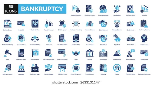bankruptcy fill icon set collection. Recession, Insolvency Warning, Debt Overload, Credit Default, Bankruptcy Declaration, Economic Downturn, Liquidation Process, Financial Meltdown, Debt Burdens