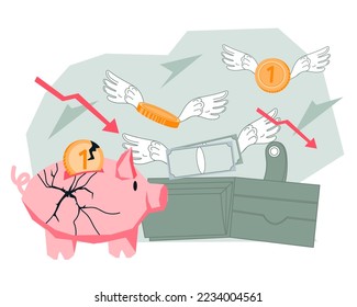 Bankruptcy, financial crisis and high inflation concept with broken piggy bank and empty wallet, flat vector illustration isolated. Loosing savings and money, finance crash symbol.