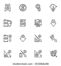 Bankruptcy and financial crisis line icons set, business finance crisis outline vector symbol collection, linear style pictogram pack. Signs, logo illustration. Set includes icons as money problem