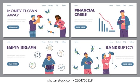 Bankruptcy and financial crisis website banners collection with poor people on the verge of ruin and economic crash, flat cartoon vector illustration.