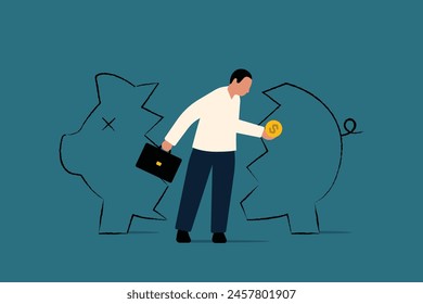 Bankruptcy and Financial Distress, Broken Piggy Bank and Empty Wallet. Vector Business Illustration