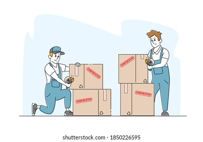 Bankruptcy, Financial Problems, Economy Crisis and Property Confiscation, Seizure Concept. Bailiff Male Characters in Blue Working Robe Seal Boxes with Property. Linear People Vector Illustration