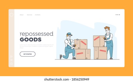 Bankruptcy, Financial Problems, Economy Crisis, Seizure, Confiscation Landing Page Template. Bailiff Male Characters in Blue Working Robe Seal Boxes with Property. Linear People Vector Illustration