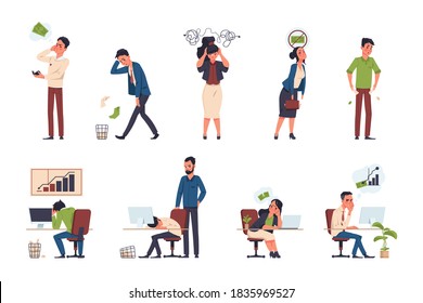 Bankruptcy. Financial trouble concepts. Stressed cartoon characters, office workers with economic, business problems. People with outstanding payments, debts or bank loans. Vector poverty isolated set