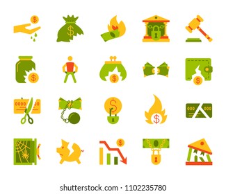Bankruptcy flat icons set. Web sign kit of business. Crisis pictogram collection includes graph, poor, fail. Simple bankruptcy cartoon colorful icon symbol isolated. Vector Illustration