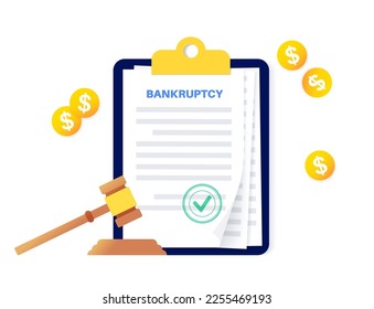 Documento de papel en forma de quiebra. Incapacidad para pagar deudas a los acreedores. Concepto de dificultades financieras. Pago atrasado. Estado legal para negocios fallidos. Procedimiento de orden judicial de ilustración vectorial plana.