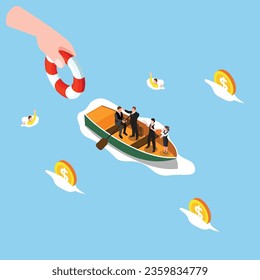 Bankruptcy and government bailout with business people on small boat 3d vector illustration concept for banner, website, illustration, landing page, flyer, etc