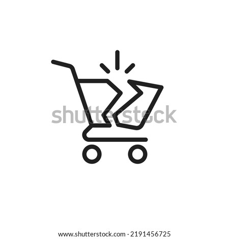Bankruptcy icon. Broken shopping cart as a concept of food shortage. Financial crisis symbol. Flat vector illustration isolated on white background.