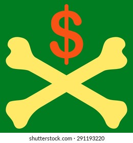 Bankruptcy icon from Commerce Set. Vector style: bicolor flat symbol, orange and yellow colors, rounded angles, green background.