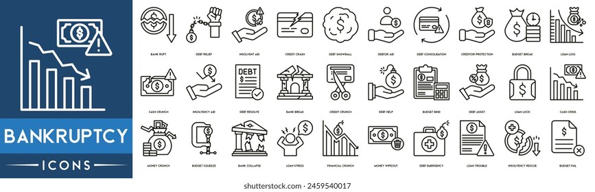 Bankruptcy icon. Debt Relief, Insolvent Aid, Credit Crash, Debt Snowball, Debtor Aid, Debt Consolidation, Creditor Protection, Budget Break, Loan Loss icon