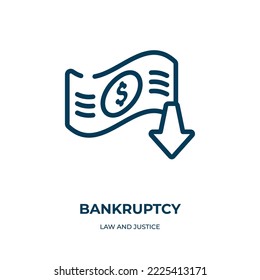 Icono de la bancarrota. Ilustración lineal vectorial de la recopilación de leyes y justicia. Esbozar vector de icono de bancarrota. Símbolo de línea delgada para uso en aplicaciones web y móviles, logotipo, medios impresos.