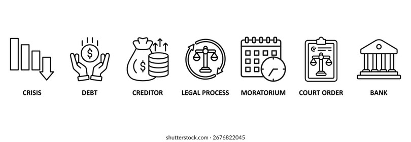 El ícono de la bancarrota establece la Ilustración vectorial para la crisis, la deuda, el acreedor, el proceso legal, la moratoria, la orden judicial y el banco
