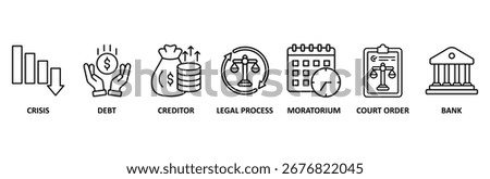 Bankruptcy icon set vector illustration for crisis, debt, creditor, legal process, moratorium, court order, and bank
