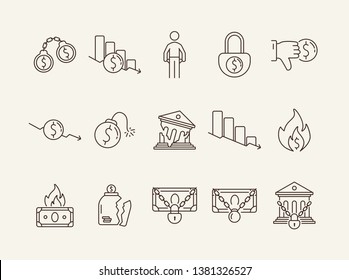 Bankruptcy icons. Set of line icons on white background. Financial crime, decrease, burning money. Economic depression concept. Vector illustration can be used for topics like finance, banking, money