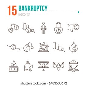 Bankruptcy icons. Set of line icons on white background. Financial crime, decrease, burning money. Economic depression concept. Vector illustration can be used for topics like finance, banking, money