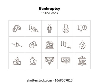 Bankruptcy icons. Set of line icons on white background. Financial crime, decrease, burning money. Economic depression concept. Vector illustration can be used for topics like finance, banking, money